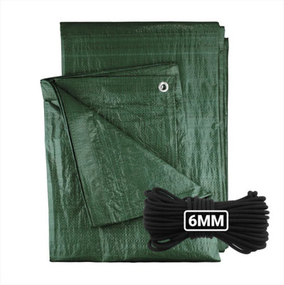 B&Q -  1M X 1M Green M-Grade Tarpaulin With 10 Meters X 6mm Bungee Rope
