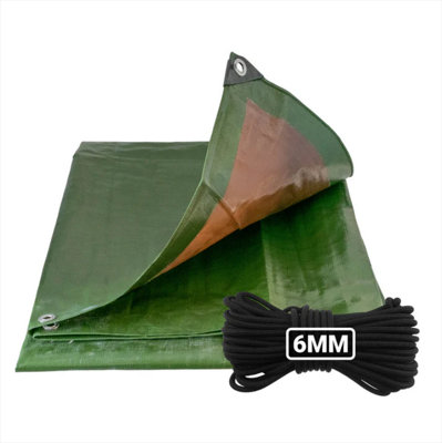 B&Q -  1M X 1M Green/brown L-Grade Tarpaulin With 10 Meters X 6mm Bungee Rope