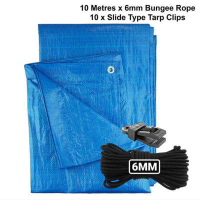 B&Q -  1M X 1M  Blue S-Grade Tarpaulin With 10 Meters X 6mm Bungee Rope And 10 X Slide Type Tarp Clips