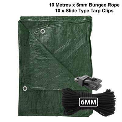 B&Q -  1M X 1M  Green S-Grade Tarpaulin With 10 Meters X 6mm Bungee Rope And 10 X Slide Type Tarp Clips