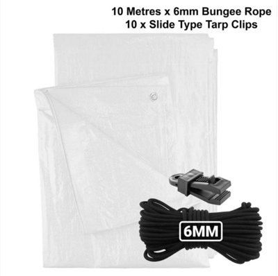 AP Supplies 6M X 10M  White M-Grade Tarpaulin With 10 Meters X 6mm Bungee Rope And 10 X Slide Type Tarp Clips from B&Q