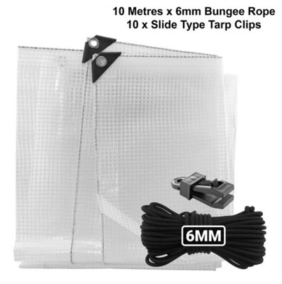 B&Q -  1M X 1M  Clear M-Grade Tarpaulin With 10 Meters X 6mm Bungee Rope And 10 X Slide Type Tarp Clips