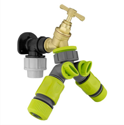 AP Supplies Wall Flange Kit 32mm Mdpe + Brass Bib Tap + Two Way Splitter + Connectors from B&Q