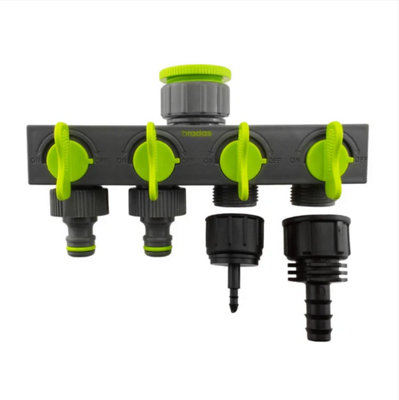 AP Supplies 4-Way Valved Splitter Lime With Two Quick Connect 4mm Barb And 16mm Barb Outlet from B&Q