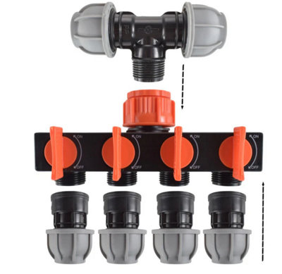 AP Supplies 4-Way Tap Splitter With Valves And 20mm Mdpe Tee/straight Fittings Kit from B&Q