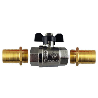 B&Q -  Butterfly Bib Valve 1 Bspf-F With 2 X Brass Straight 32mm Barbed Fittings