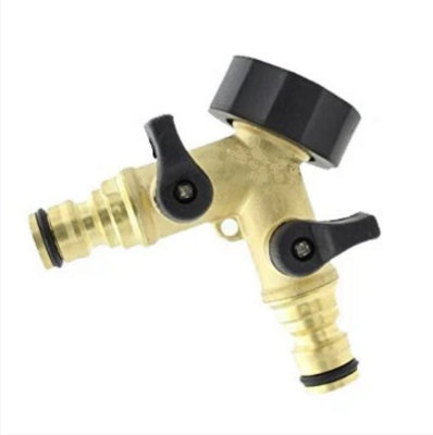 AP Supplies Double Tap Connector With Valves & Snap-On Outlets Brass from B&Q