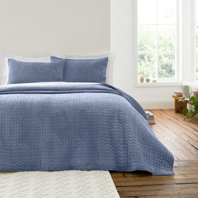 Bianca Fine Linens Blue Attica Velvet Embroidered 240X260cm Bedspread B&Q