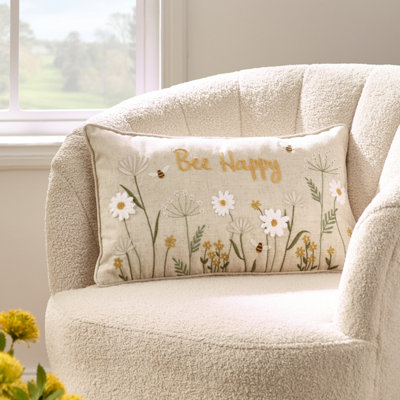 Catherine Lansfield Unisex Natural Bee Happy Embroidered Cushion - Image 10