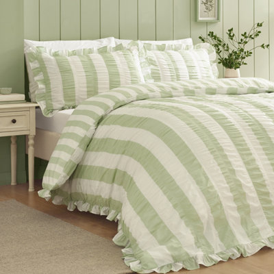 Catherine Lansfield Seersucker Frill Stripe Super King Duvet Set Green - Image 16