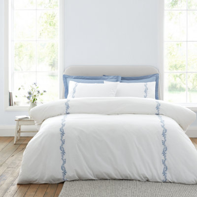 Bianca White/Blue Camille Embroidered Floral 200 Thread Count Cotton Double Duvet Cover Set With Pillowcases