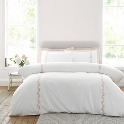 Bianca White/Pink Camille Embroidered Floral 200 Thread Count Cotton King Duvet Cover Set With Pillowcases