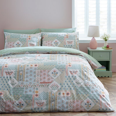 Catherine Lansfield Folk Patchwork Reversible Double Duvet Cover Set With Pillowcases Green from B&Q