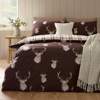 Catherine Lansfield Stag Check Reversible Double Duvet Cover Set With Pillowcases Chocolate from B&Q