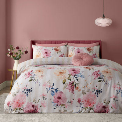 Catherine Lansfield Unisex Cream Floral Stripe Duvet Cover Set In | Size: Single - Image 13