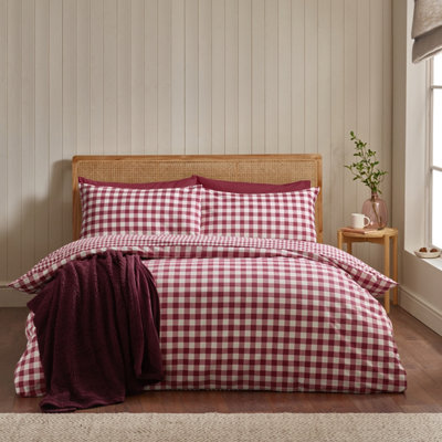 Catherine Lansfield Brushed Cotton Gingham Check King Duvet Cover Set Burgundy - Image 15