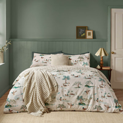 B&Q -  Brushed Mallards Cotton Reversible Single Duvet Cover Set With Pillowcase Cream