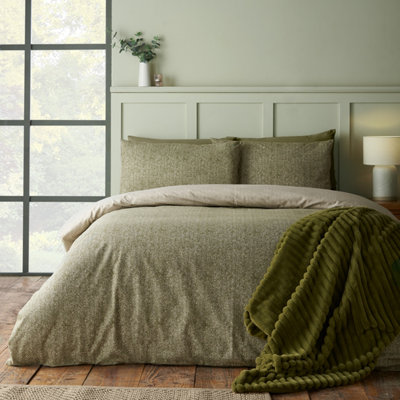Catherine Lansfield Green Brushed Herringbone Cotton Reversible Duvet Cover Set - Double - Image 13