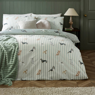 Catherine Lansfield Unisex Green Dog Stripe Duvet Cover Set In | Size: Single - Image 9
