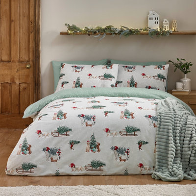 Catherine Lansfield Unisex Green Christmas Dogs 100% Brushed Cotton Duvet Cover Set In | Size: King - Image 12