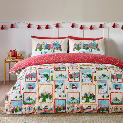 Catherine Lansfield  Beige Christmas Town Stamps Reversible Duvet Cover Set in Size Single, Sports Direct - Image 10