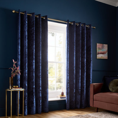 Catherine Lansfield Crushed Velvet 46x54 Inch Eyelet Curtains Navy Blue | Lined - Image 11