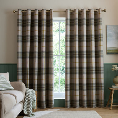 Catherine Lansfield 'Brushed Woven Glencoe Check' Thermal Eyelet Curtains in Green | Size: 229cm width x 229cm drop - Image 14