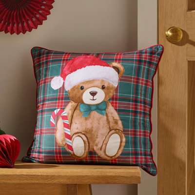 Catherine Lansfield Unisex Green 'Christmas Tartan Teddy Bear' Cushion In | Size: 45 Cm X 45 Cm - Image 14