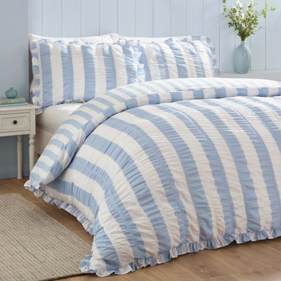 Catherine Lansfield Unisex Blue Seersucker Frill Stripe Duvet Cover Set In | Size: Single - Image 10