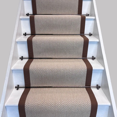 RainbowHome Herringbone Chalk Beige Wool Stair Runner With 100% Cotton Brown Border 70 700 from B&Q