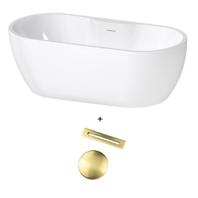 Aquarius Luxor Freestanding Soaking Bath Tub 1650 X 745mm Gloss White Inc Brushed Brass Waste from B&Q