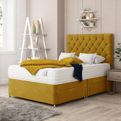 Bed Choices Windsor Plush Velvet Divan Bed With Mattress26" Headboard & 2 Storage DrawersDouble (Mustard) from B&Q