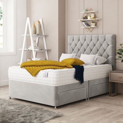 Bed Choices Windsor Plush Velvet Divan Bed With Mattress26" Headboard & 2 Storage DrawersSuper King (Silver) from B&Q