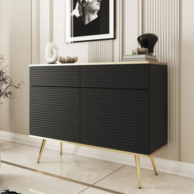 B&Q -  Moro Sideboard Cabinet 107Cm In BlackDramatic Push-To-Open Storage With Gold Leg Luxury
