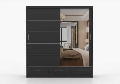 Arte Black Matte Sliding Wardrobe With Mirror 203CmSophisticated Storage With Subtle Charm from B&Q