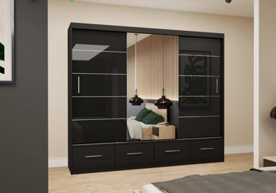 Arte Black Gloss Sliding Wardrobe With Mirror 250CmBold Elegance With Smart Storage from B&Q