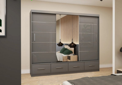 Arte Grey Gloss Sliding Wardrobe With Mirror 250CmStylish And Organised Living from B&Q