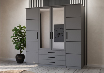 Arte Grey Hinged Wardrobe With Mirror And Black Accents 200X210CmFour DoorsThree Drawers from B&Q