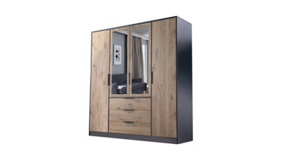 Arte Contemporary Black & Oak Viking 4-Door Wardrobe With MirrorSpacious Modern Storage Solution from B&Q