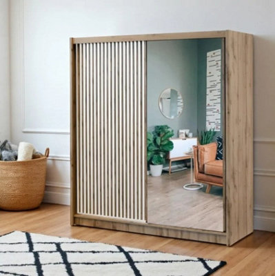 Arte Statement Oak Wotan & Black Sliding Mirrored Wardrobe203Cm Contemporary Storage With Lamella Feature from B&Q