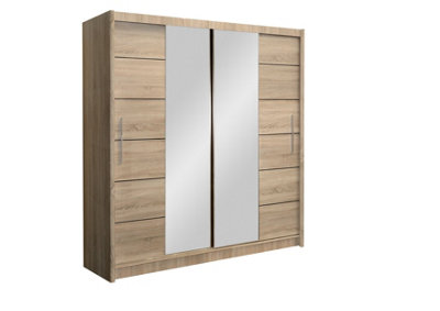 Arte Oak Sonoma Lisbona 2 Sliding Wardrobe 203CmWarm Woodgrain & Mirrored Functionality from B&Q