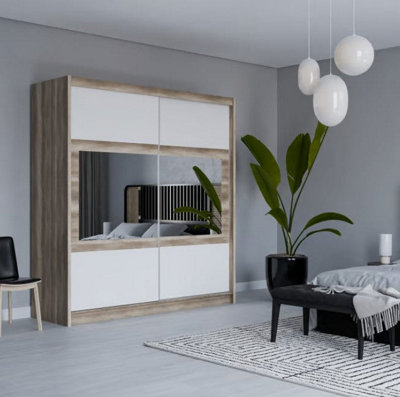 Arte Canyon Oak & White 203Cm Mirrored Sliding WardrobeModern Elegance Meets Ample Storage from B&Q