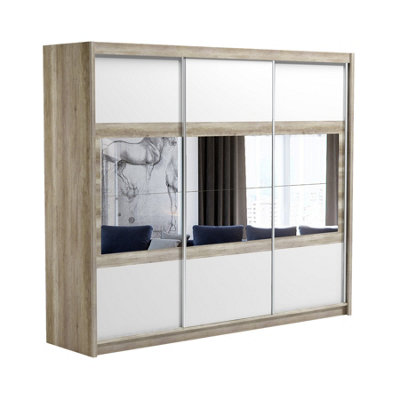 Arte Canyon Oak & White 250Cm Mirrored Sliding WardrobeSleek Storage With Elegant Glass Accents from B&Q