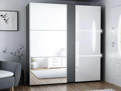 Arte Modern Graphite & Mirror Sliding Door Wardrobe 200CmSpaciousIlluminated Storage from B&Q