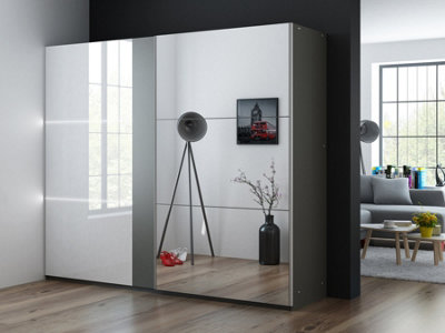 Arte Modern Graphite & Mirror Sliding Door Wardrobe 250CmSpaciousIlluminated Storage Solution from B&Q