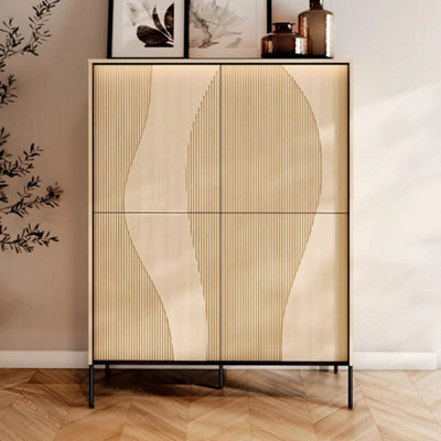 Arte Flow 2 Highboard Cabinet 112CmOak Vincenza & Black Modern Tall Storage With Led Lighting from B&Q