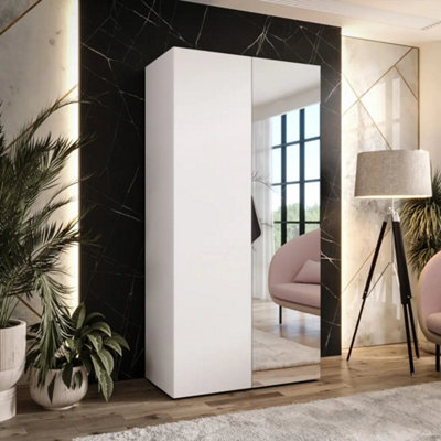 Arte Sandi Ii Hinged Door Wardrobe 100CmWhite Compact Mirrored Wardrobe With Hanging Rail And Shelf from B&Q