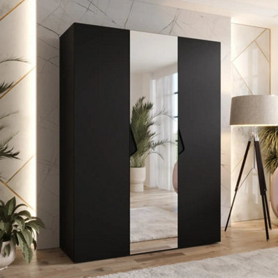 Arte Sandi Ii Hinged Door Wardrobe 150CmBlack Modern Triple-Door Mirrored Wardrobe With Rails And Shelves from B&Q