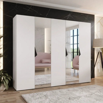 Arte Sandi Ii Hinged Door Wardrobe 250CmWhite Five-Door Mirrored Wardrobe With Hanging Rails And Shelves from B&Q