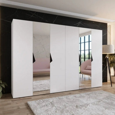 Arte Sandi Ii Hinged Door Wardrobe 300CmWhite Six-Door Mirrored Wardrobe With Rails And Shelves from B&Q